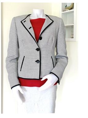 1990s Carlisle black and white checkered collarless long sleeve blazer